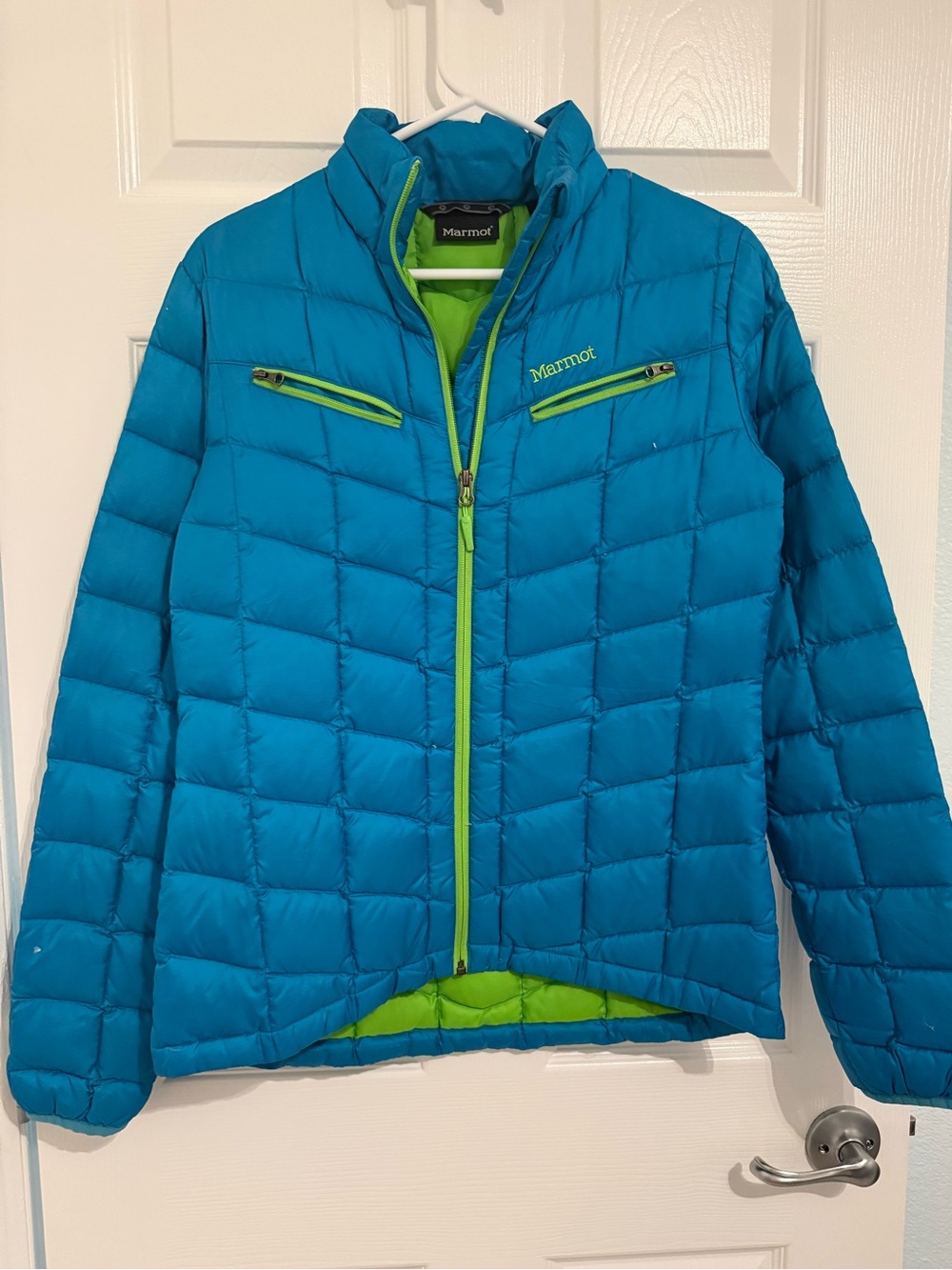 Marmot Teal Blue Puffer Jacket with Lime Green Trim